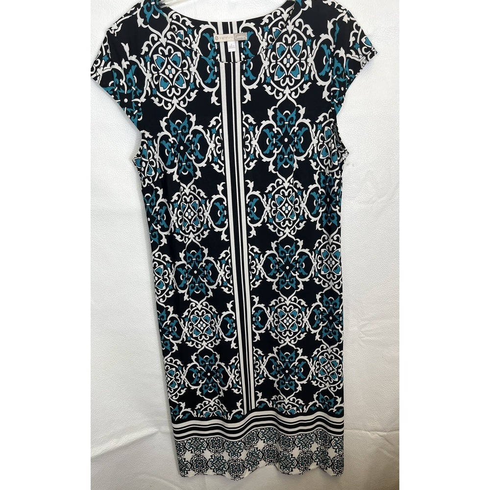 Signature Camryn Sheath Dress Black White Turquoise Geometric Cap Sleeve Sz 4